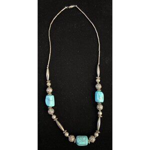 VTG Sterling Silver Necklace W/ Turquoise Beads & Ornate Details 18 Inch Handmad